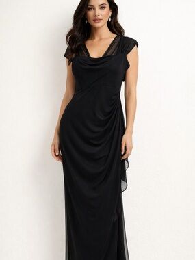 Alex Evenings Black Draped Cowl Neck Maxi Gown